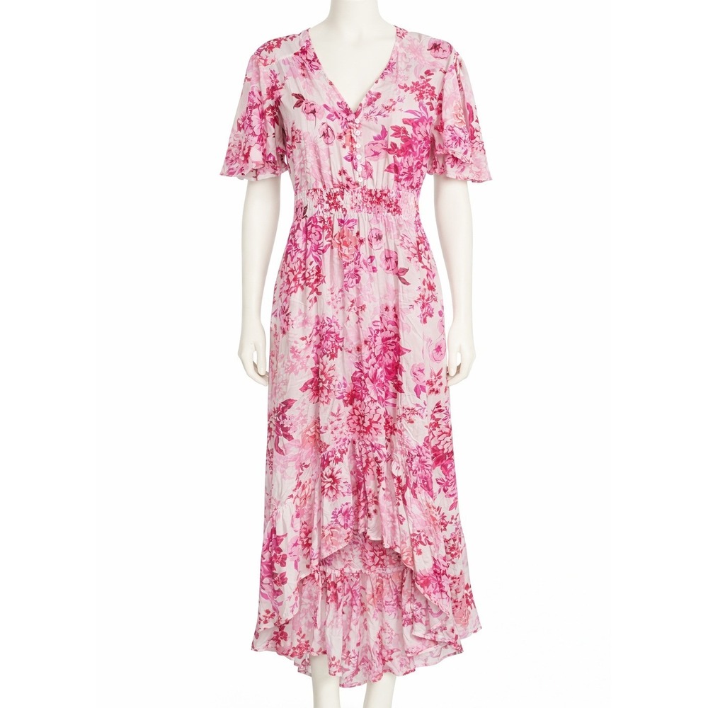 Abel the Label Pink‎ Floral Medium Midi Dress Flowy Ruffle Coquette Feminine M